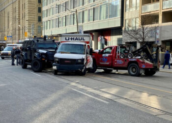 A panel truck is shown in downtown Toronto following a pursuit on Wednesday afternoon. (Francis Gibbs)