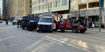 A panel truck is shown in downtown Toronto following a pursuit on Wednesday afternoon. (Francis Gibbs)
