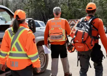 Search and rescue teams on site at the Lansdowne Station RCMP command centre on Monday, May 5, 2025. (Jeorge Sadi/CBC)