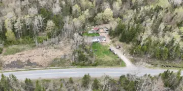 A drone photo of Lilly and Jack Sullivan's house in Lansdowne Station, N.S. (Tyson Koschik/CBC)
