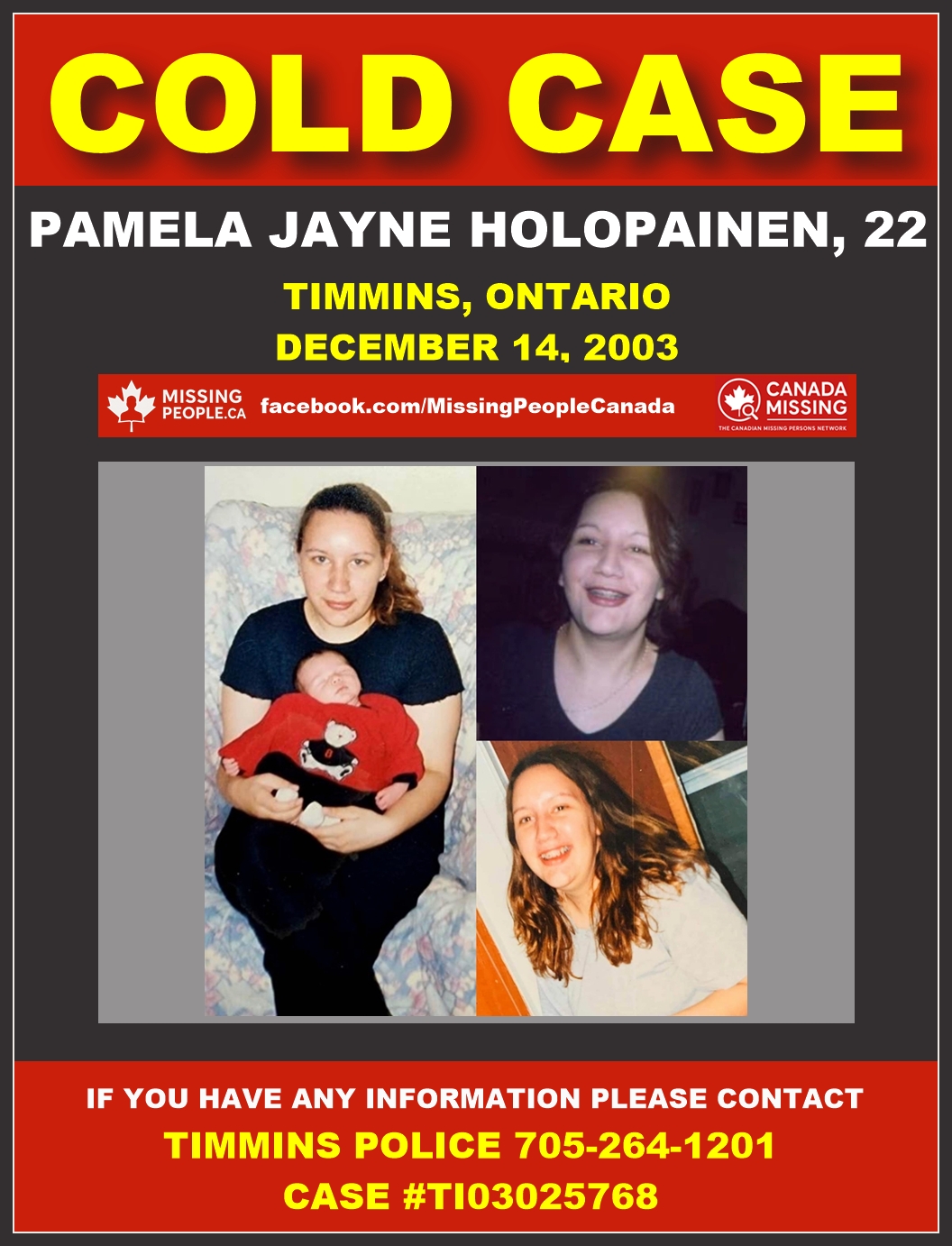 Pamela Jayne Holopainen, 22, missing from Timmins, Ontario since December 14, 2003 – 22 years today