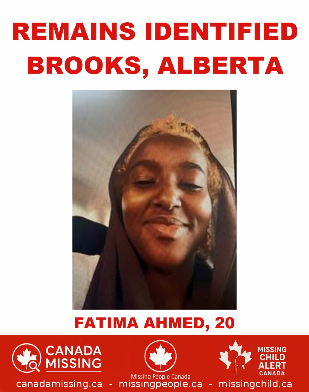 Photo of missing woman Fatima Ahmed, age 20, from Brooks, Alberta.