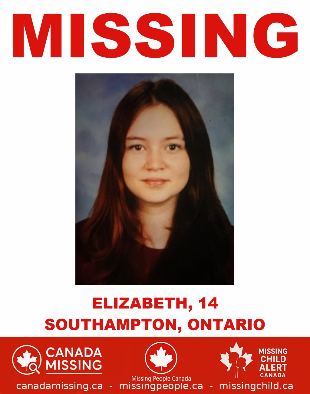 Photo of missing girl Elizabeth, age 14, from Southampton, Ontario.