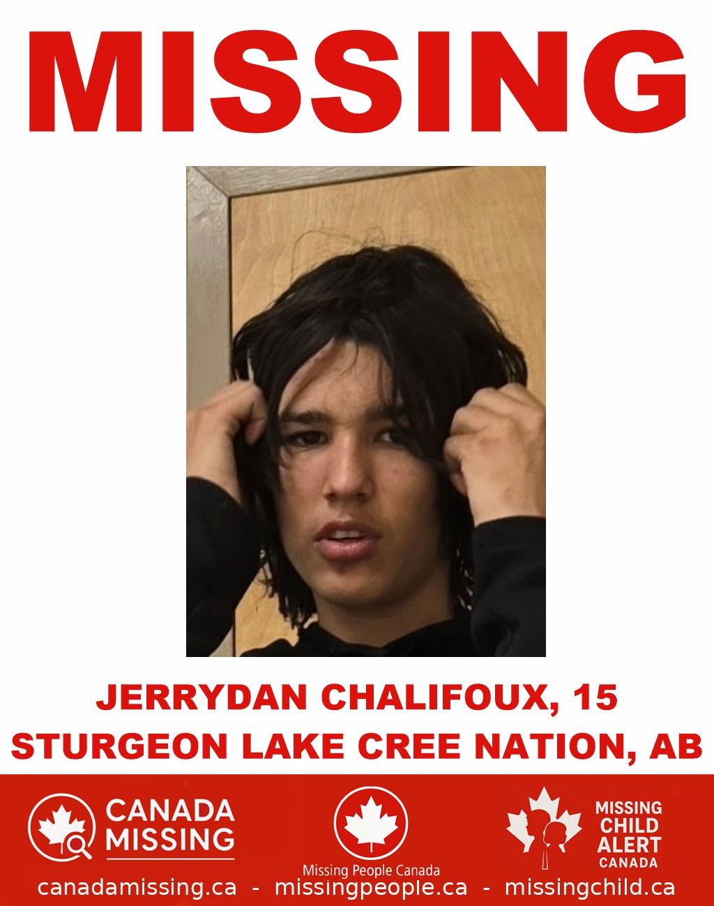 Photo of missing boy Jerrydan Chalifoux, 15, from Sturgeon Lake Cree Nation, Alberta