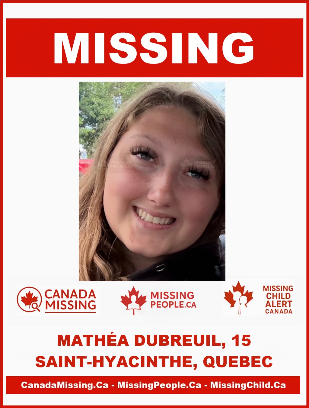 Photo of missing person Mathéa Dubreuil, age 15, from Mirabel, QC.