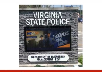 Virginia State Police logo with text debunking viral ‘mass kidnapper’ rumor.