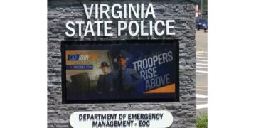 Virginia State Police logo with text debunking viral ‘mass kidnapper’ rumor.