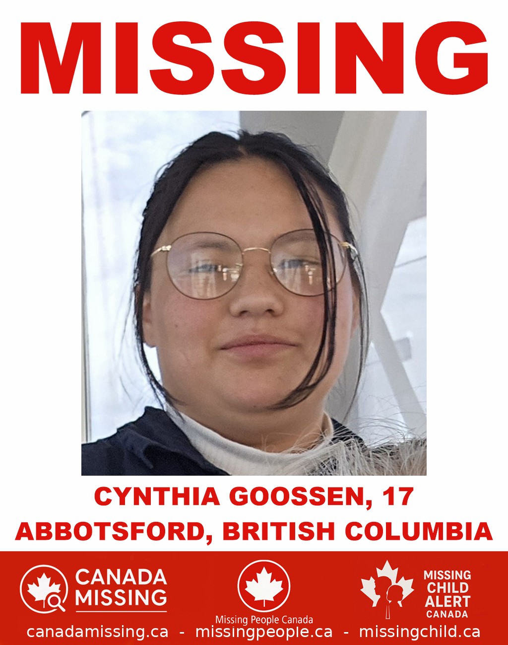 Photo of missing girl Cynthia Goossen, 17, from Abbotsford, British Columbia
