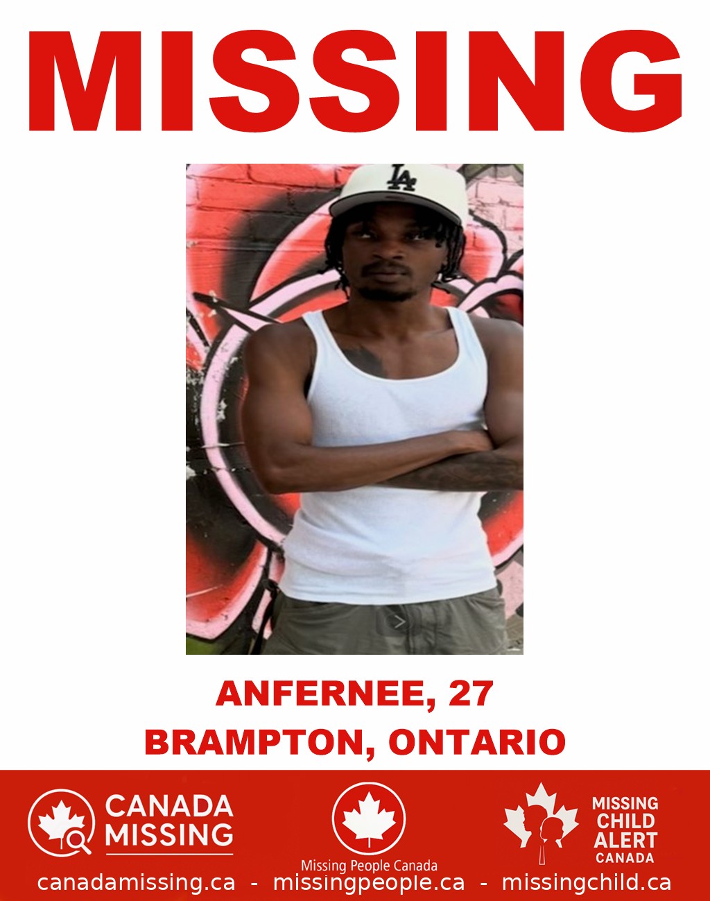 Photo of missing man Anfernee, 27, from Brampton, Ontario