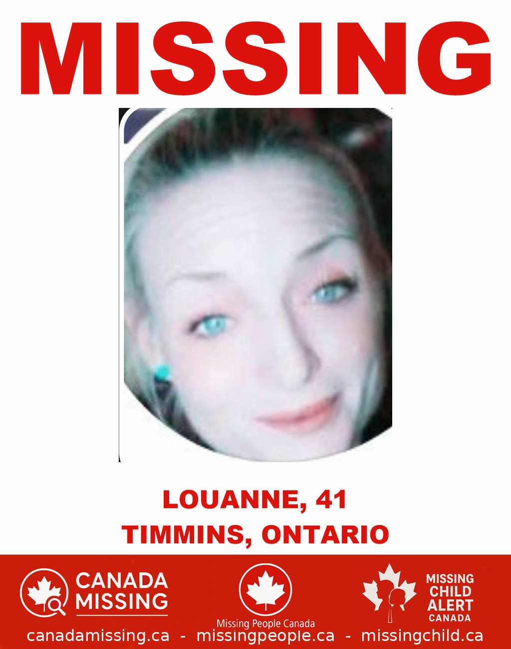 Photo of missing woman Louanne, age 41, from Timmins, Ontario