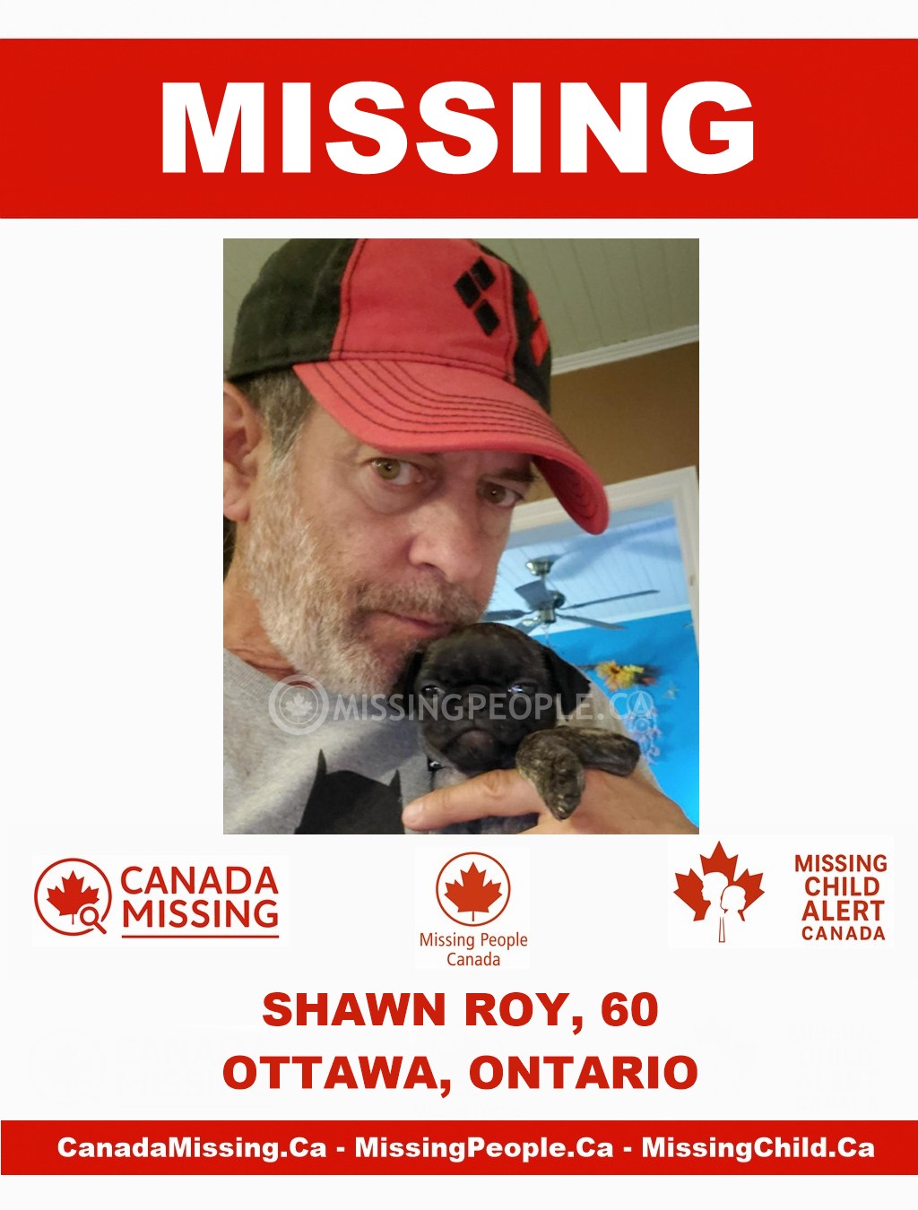 Photo of missing man Shawn Roy, age 60, from Ottawa, Ontario, wearing a red cap and holding a small dog