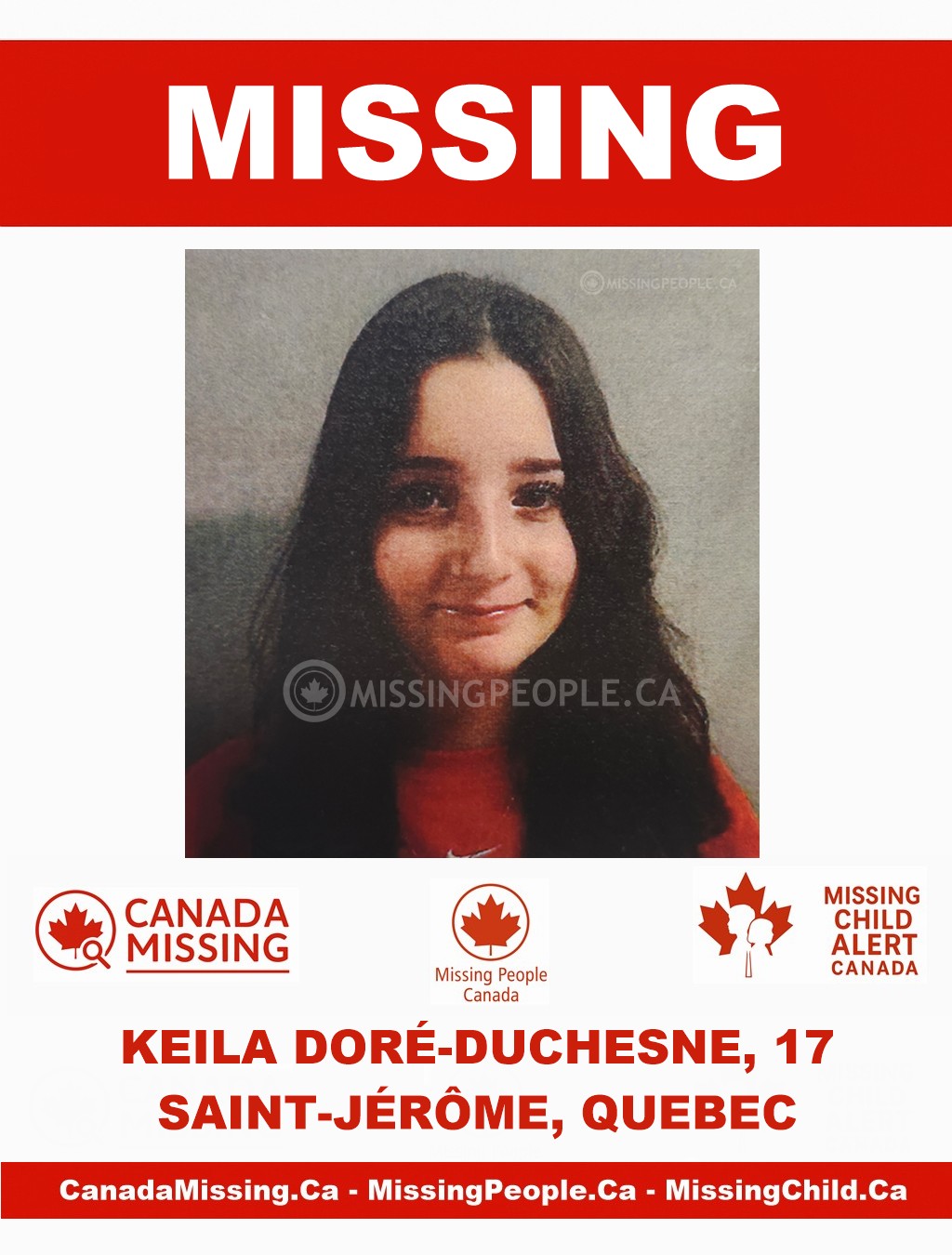 Photo of missing girl Keila Doré-Duchesne, age 17, from Saint-Jérôme, Quebec
