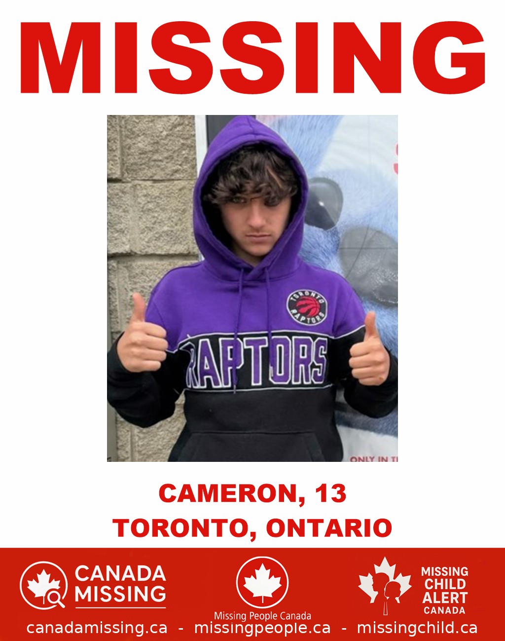 Photo of missing youth Cameron, 13, from Toronto, Ontario