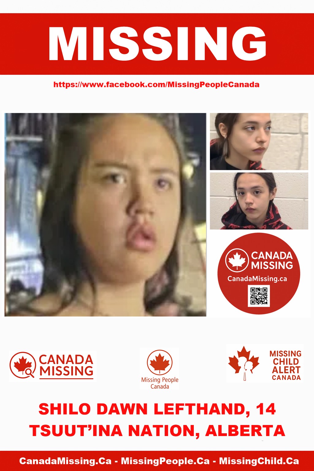 Photo of missing teen Shilo Dawn Lefthand, age 14, from Tsuut’ina Nation, Alberta