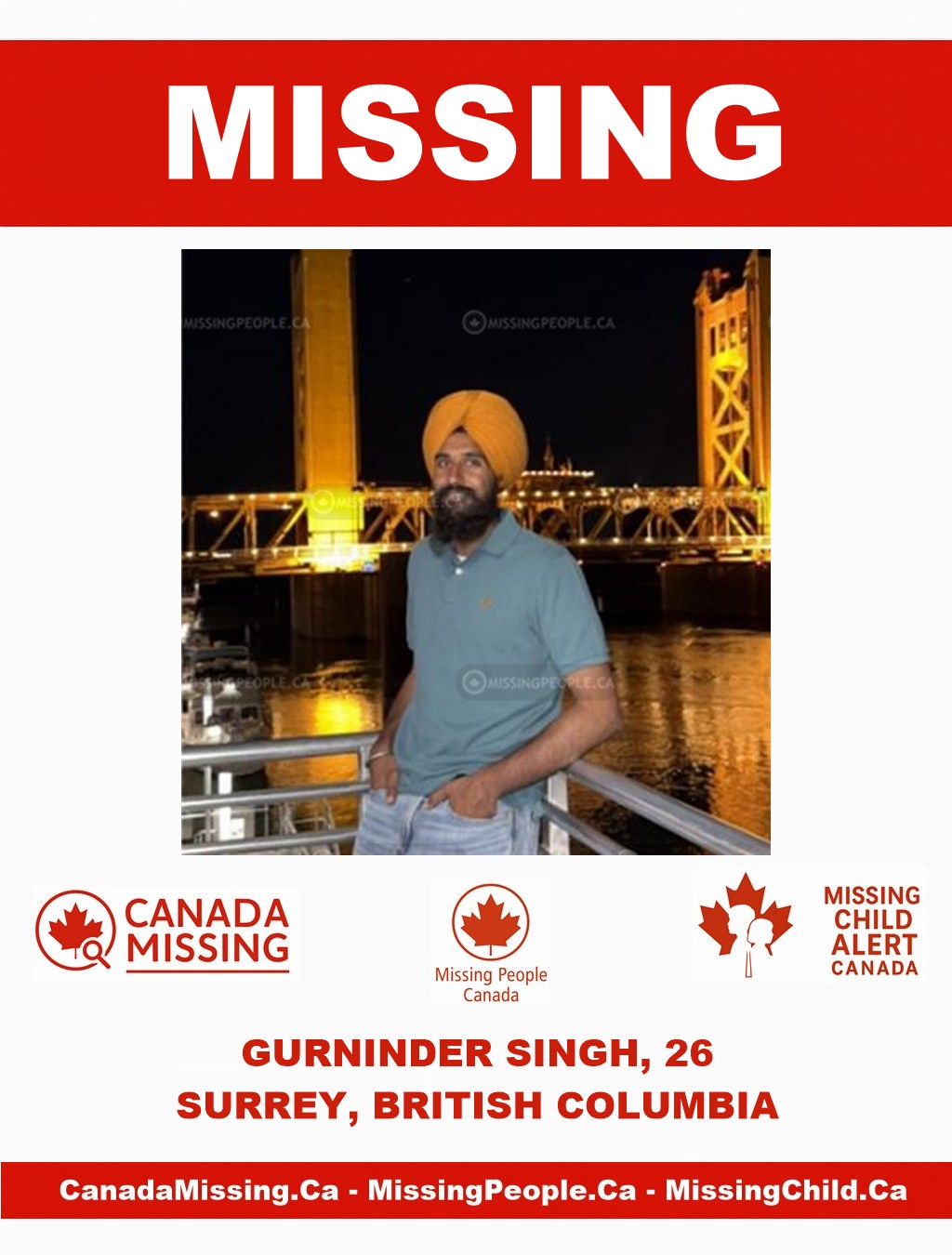 Photo of missing man Gurninder Singh, age 26, from Surrey, British Columbia