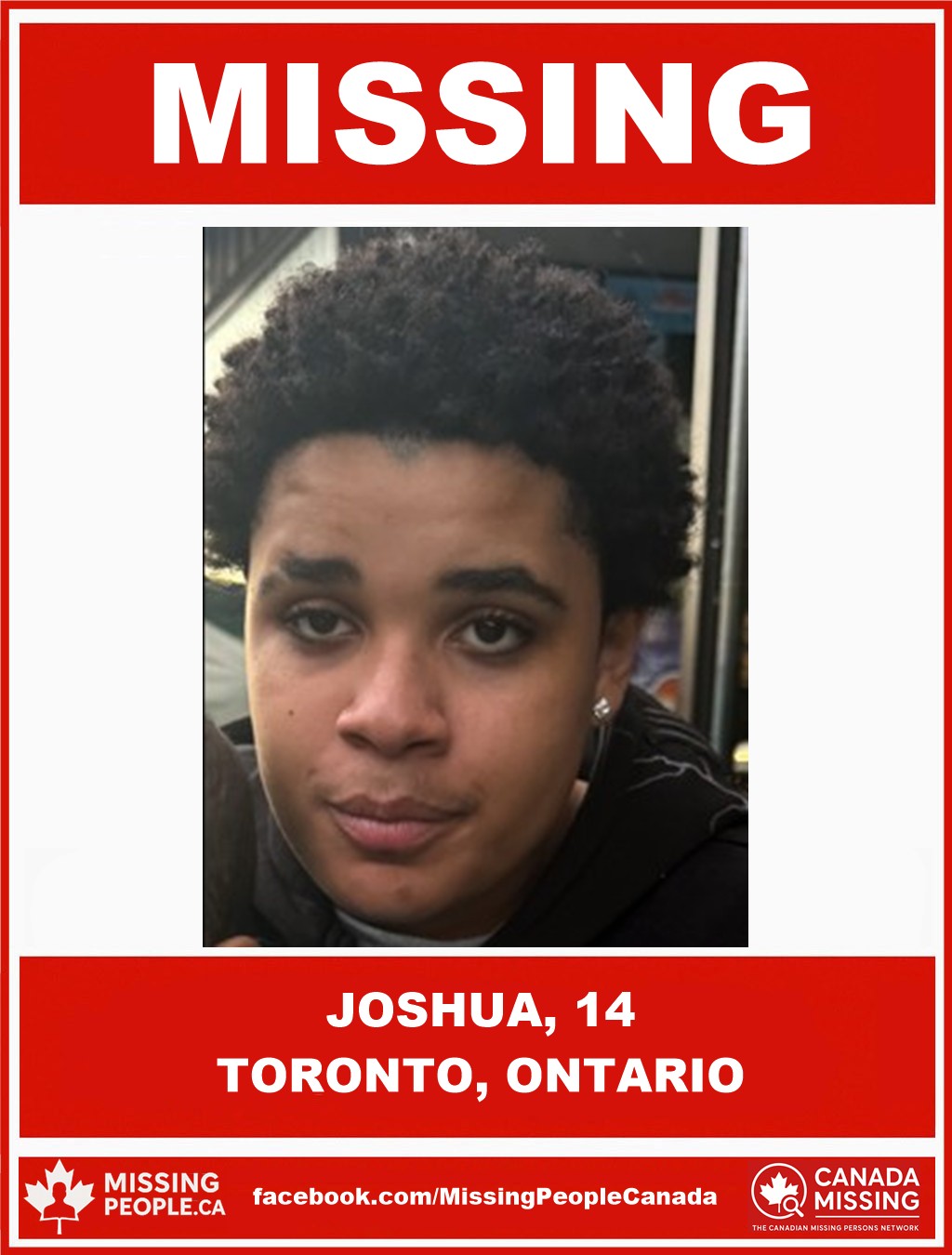 Photo of missing youth Joshua, 14, from Toronto, Ontario.