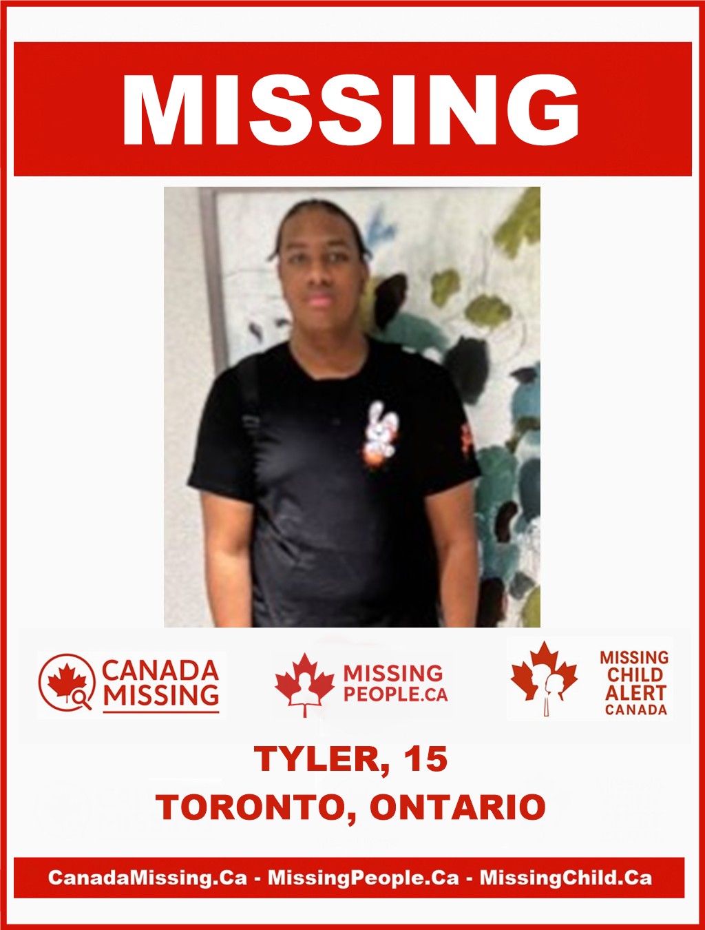 Photo of missing youth Tyler, 15, from Toronto, Ontario, last seen October 24, 2025.
