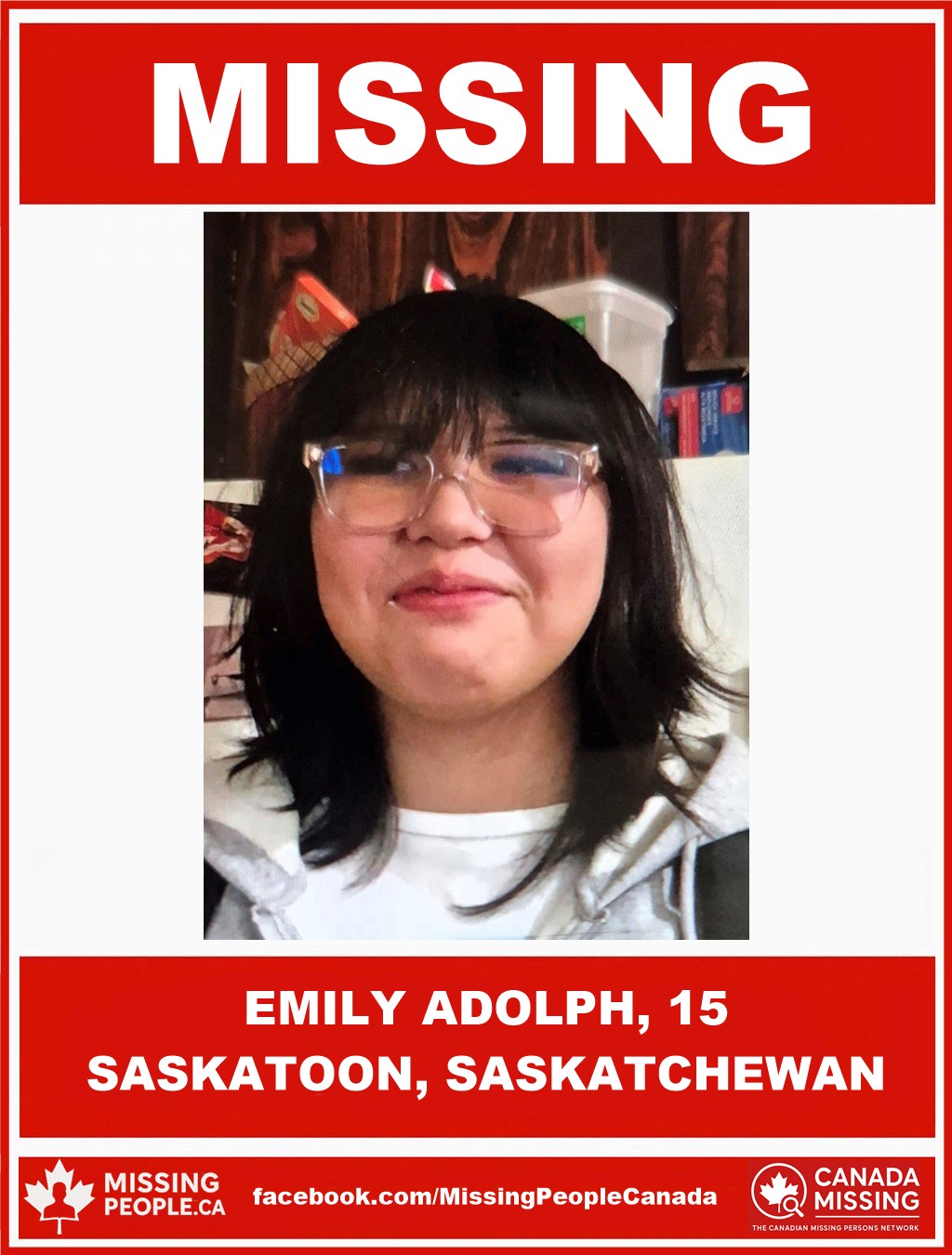 Photo of missing girl Emily Adolph, age 15, from Saskatoon, Saskatchewan.
