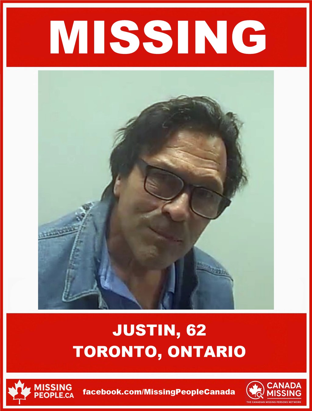 Photo of missing person Justin, age 62, from Toronto, Ontario.