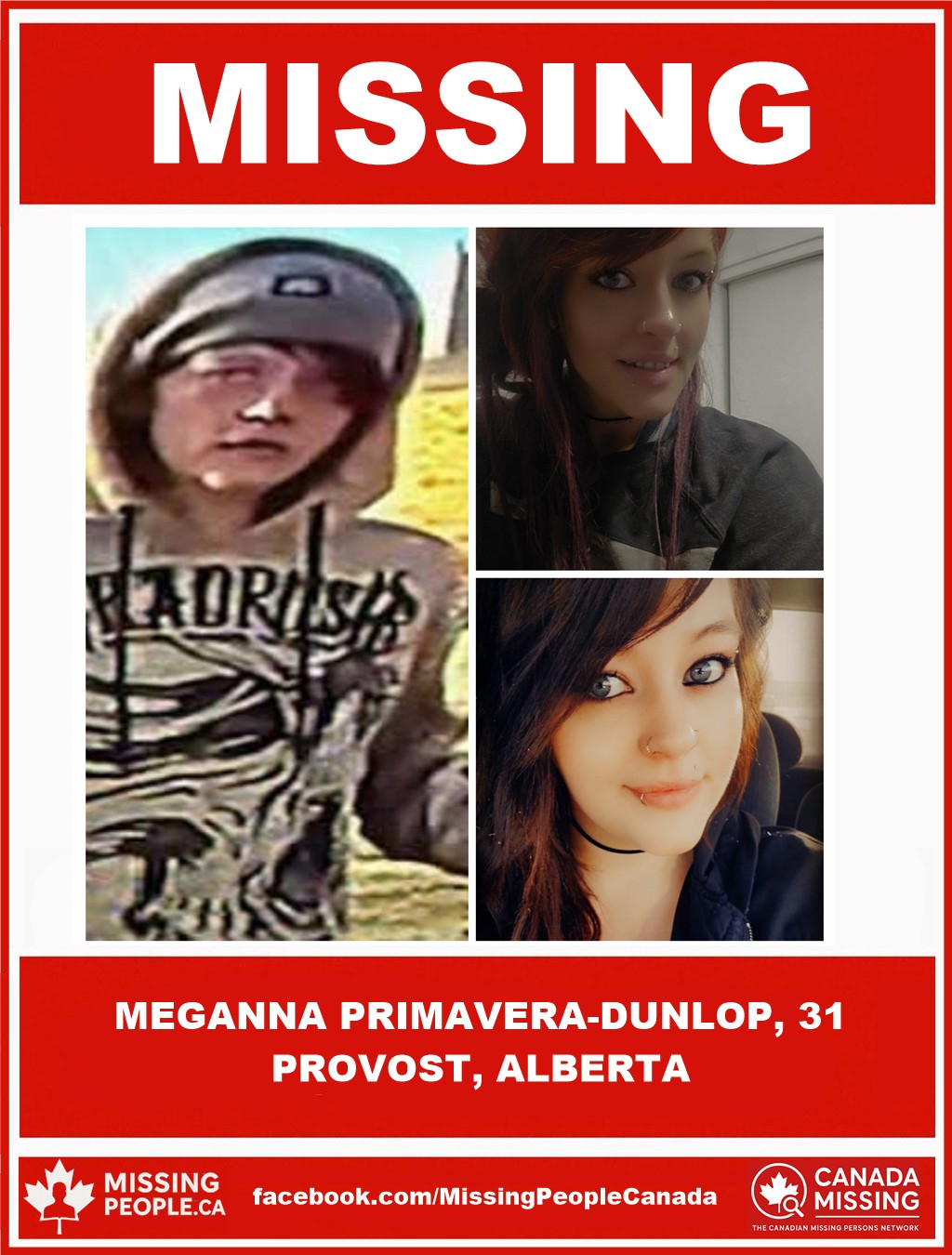Photo of missing woman Meganna Primavera-Dunlop, 31, from Provost, Alberta.