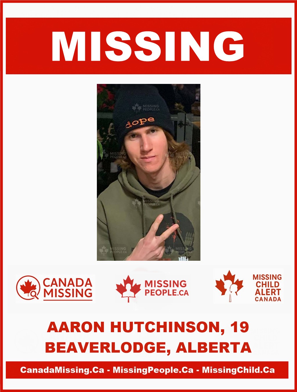 Photo of missing man Aaron Hutchinson, age 19, from Beaverlodge, Alberta