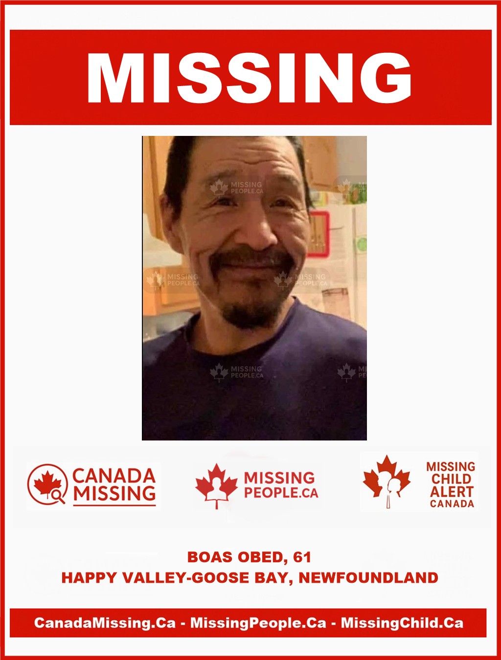 Photo of missing man Boas Obed, age 61, from Happy Valley-Goose Bay, Newfoundland