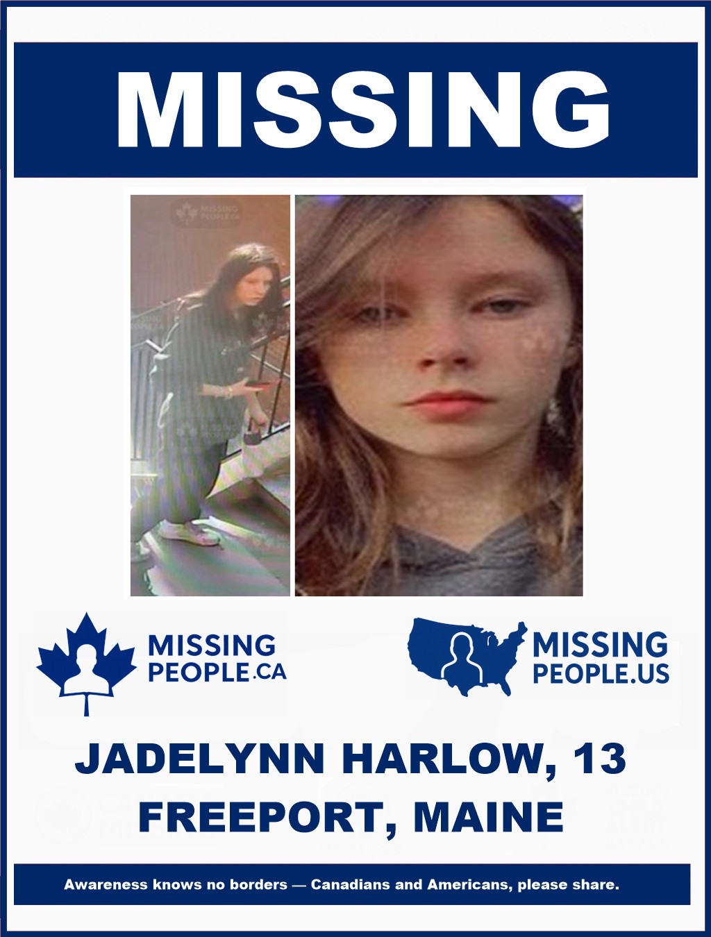 Photo of missing girl Jadelynn Harlow, age 13, from Freeport, Maine