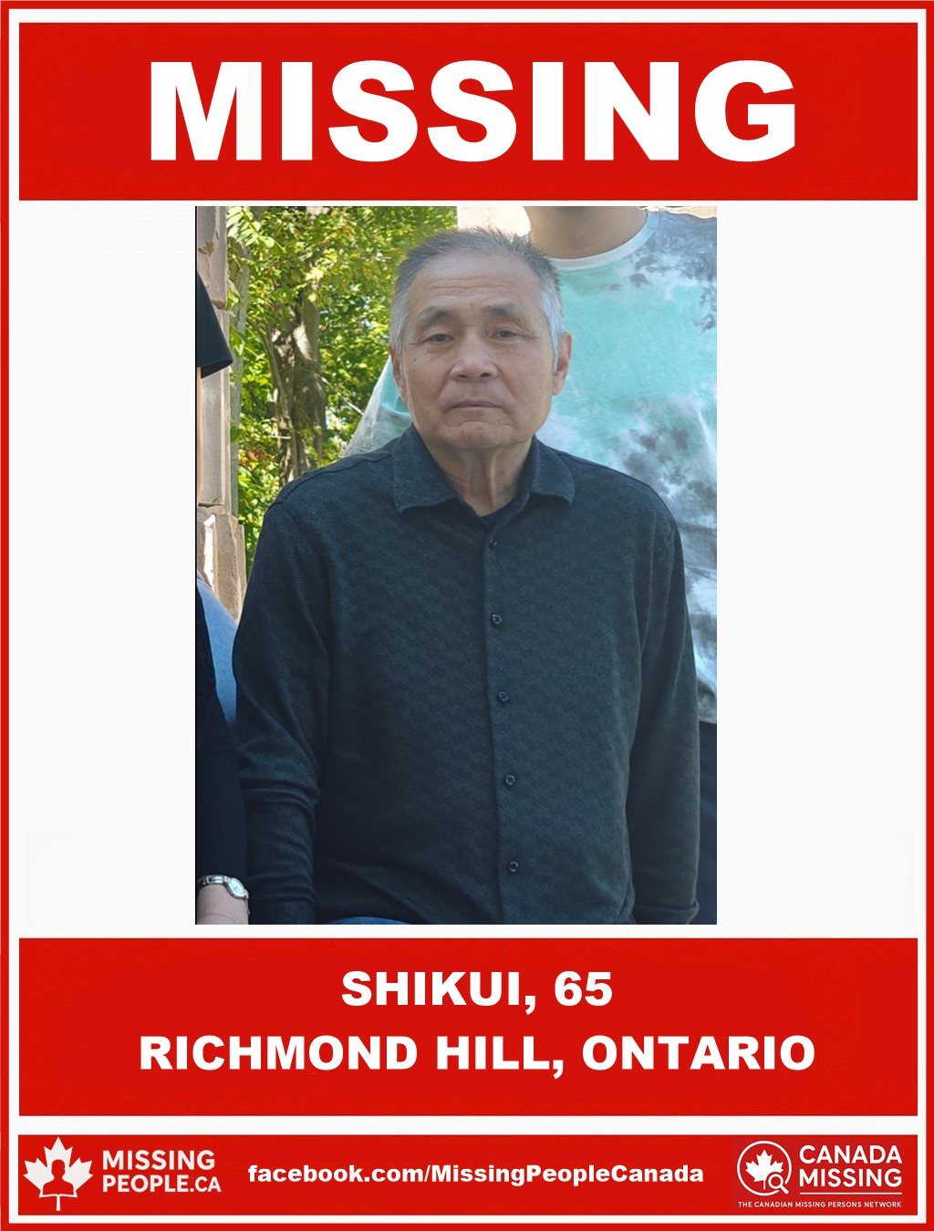 Photo of missing man Shikui, age 65, from Richmond Hill, Ontario, last seen October 29, 2025.