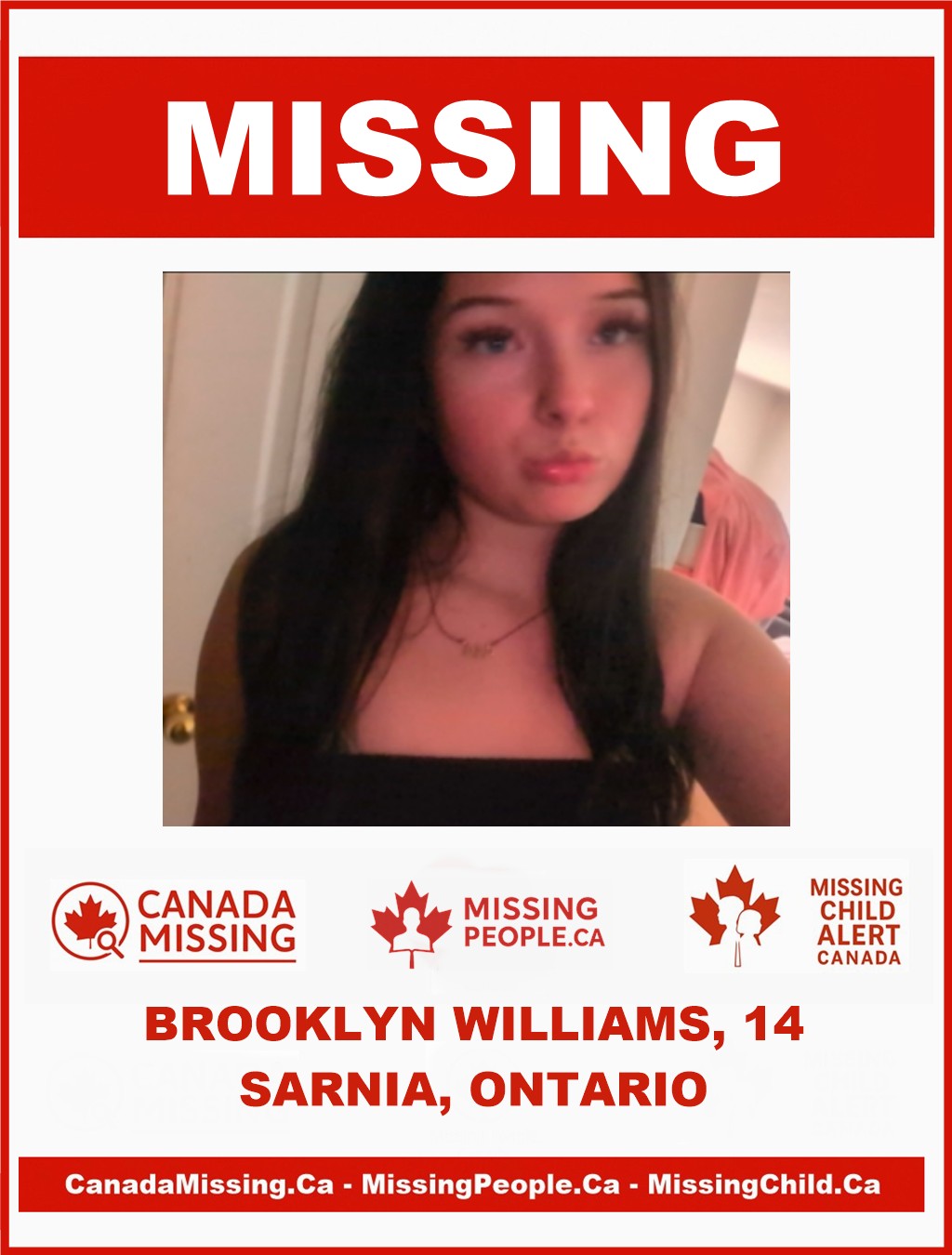 Photo of missing girl Brooklyn Williams, 14, from Sarnia, Ontario, last seen October 22, 2025.