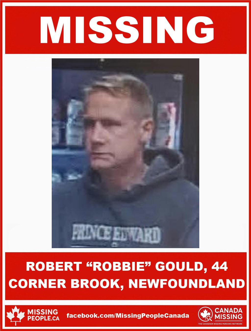 Photo of missing man Robert “Robbie” Gould, 44, from Corner Brook, Newfoundland.