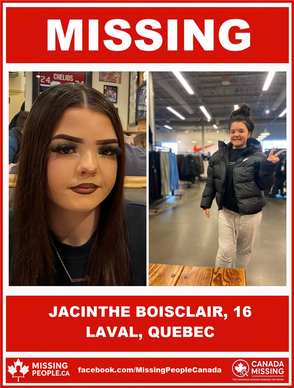 Photo of missing girl Jacynthe Boisclair, 16, from Laval, Quebec, last seen October 25, 2025.