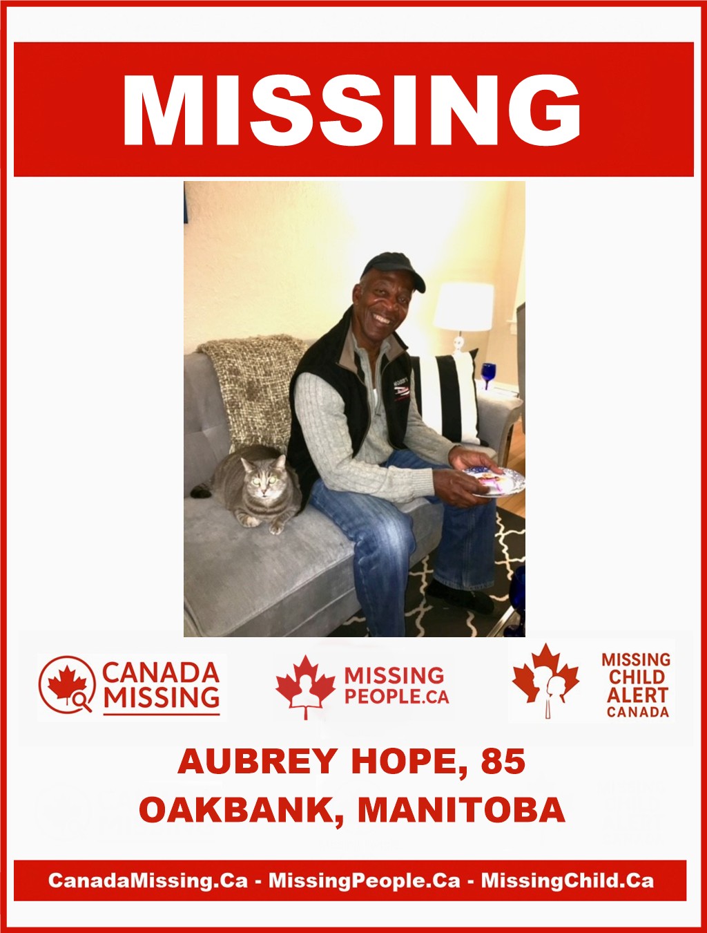 Photo of missing senior Aubrey Hope, 85, from Oakbank, Manitoba, last seen October 24, 2025.