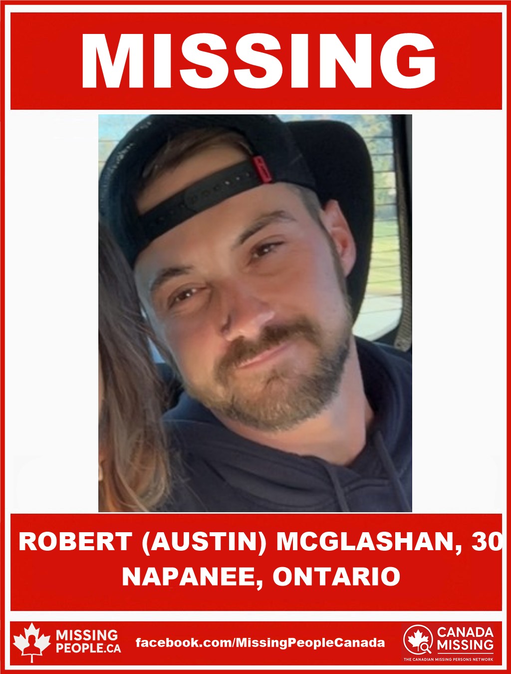 Photo of missing man Robert (Austin) McGlashan, 30, from Napanee, Ontario, last seen October 27, 2025.