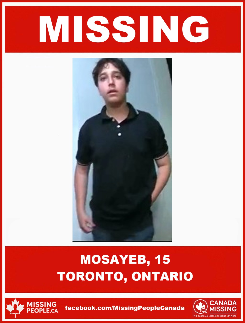 Photo of missing youth Mosayeb, age 15, from Toronto, Ontario.