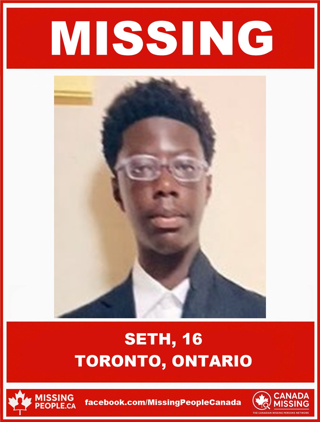 Photo of missing youth Seth, age 16, from Toronto, Ontario, last seen October 9, 2025.