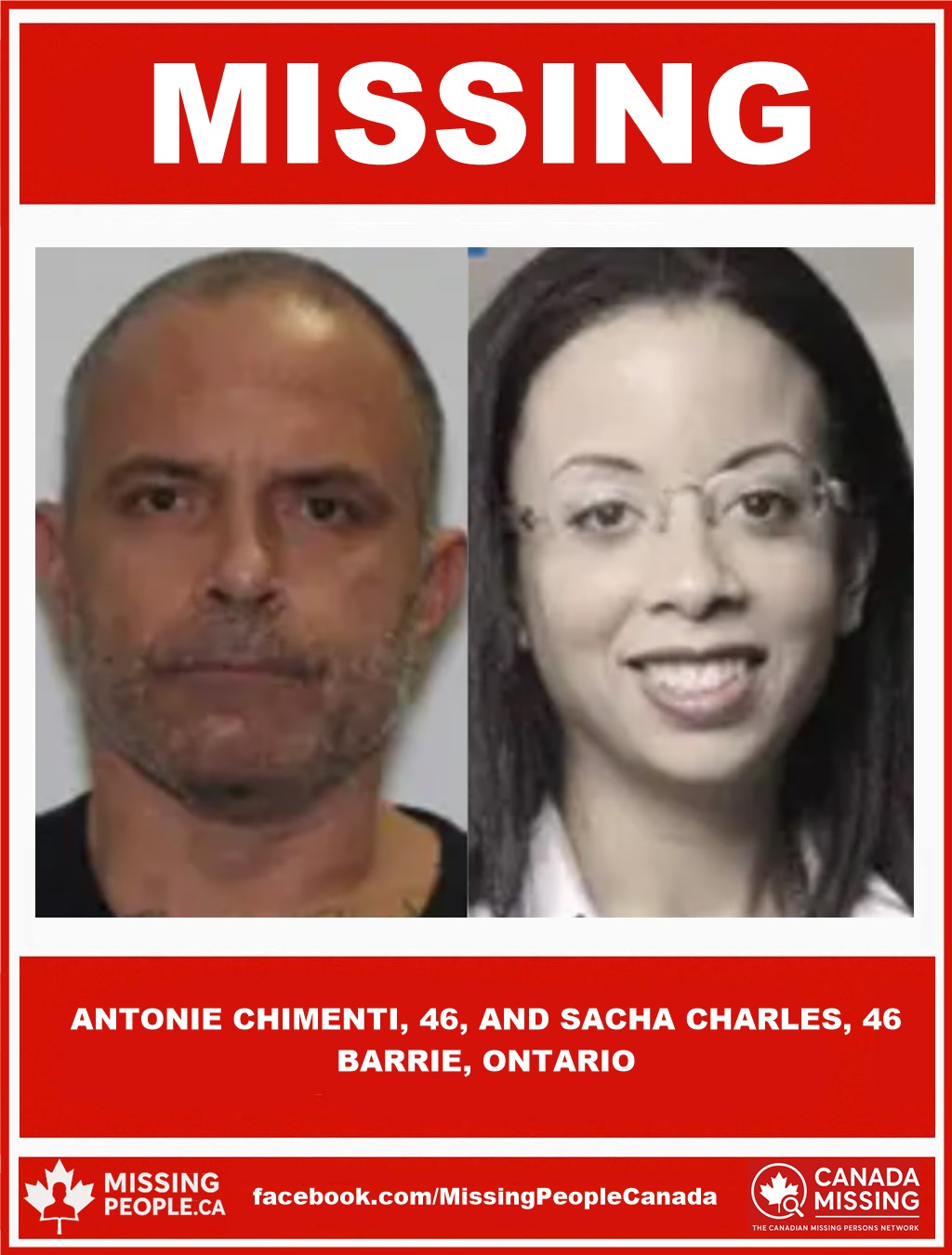 Photo of missing man Antonie Chimenti, 46, and missing woman Sacha Charles, 46, from Barrie, Ontario.
