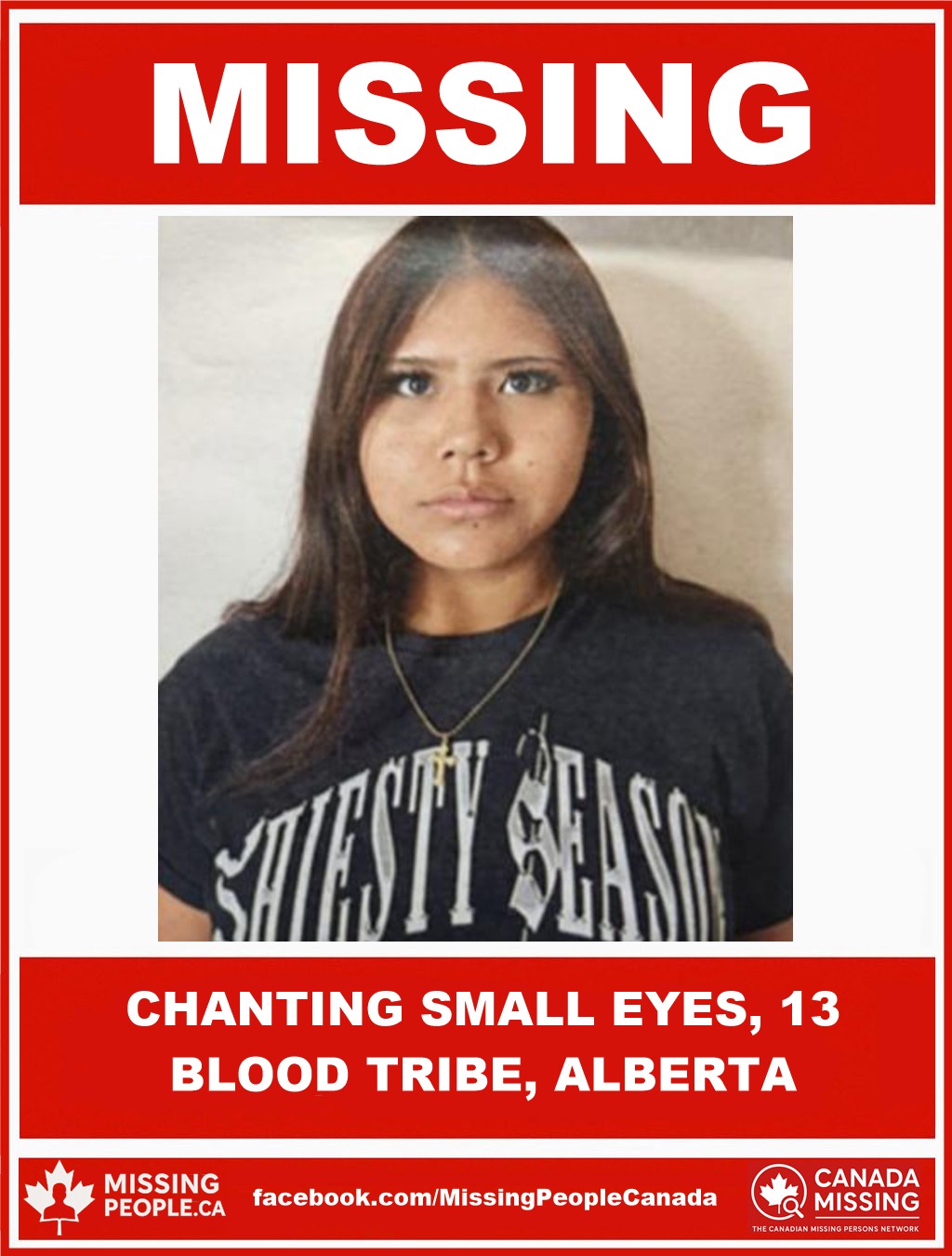 Photo of missing girl Chanting Small Eyes, age 13, from Blood Tribe, Alberta.