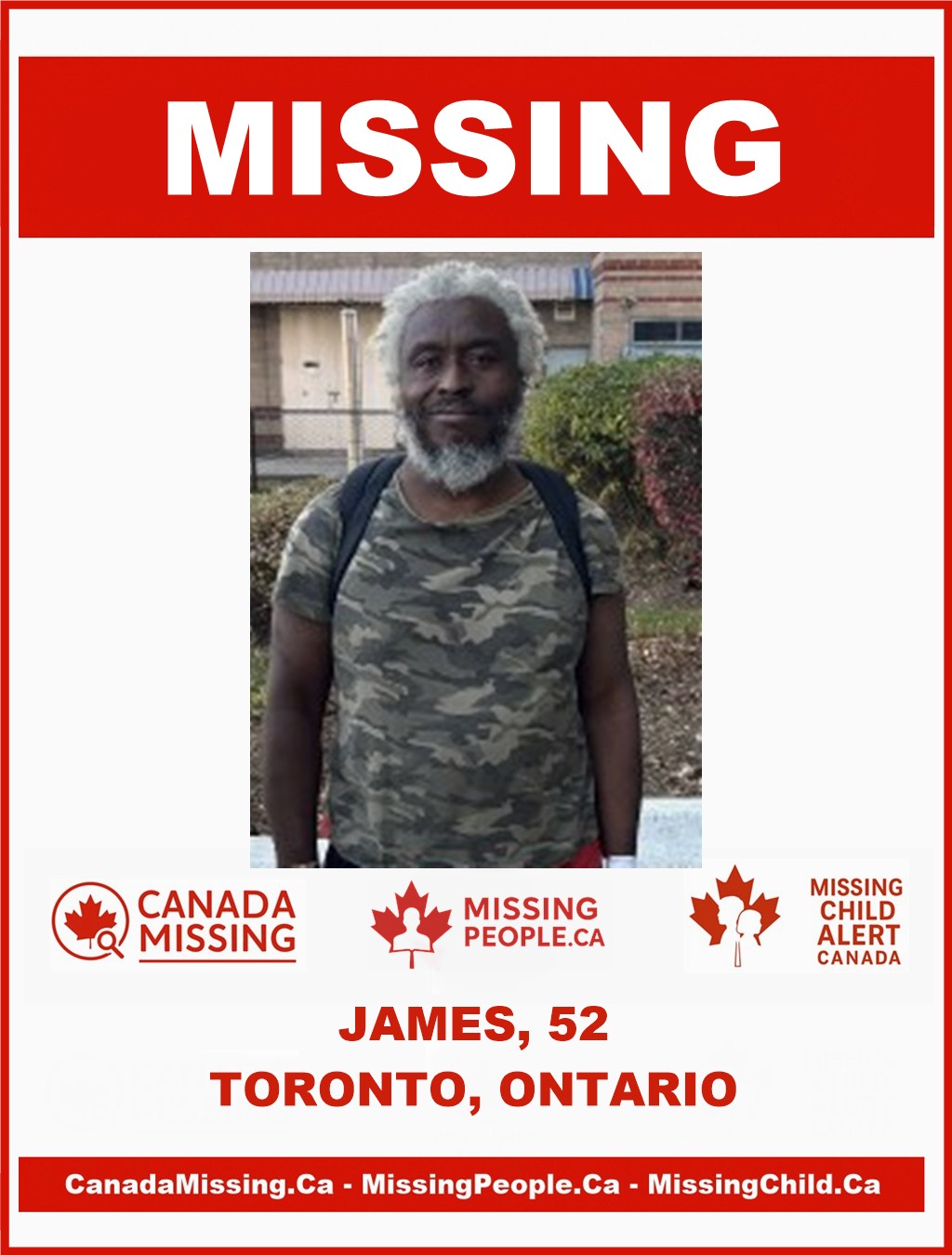 Photo of missing person James, 52, from Toronto, Ontario, last seen October 23, 2025.