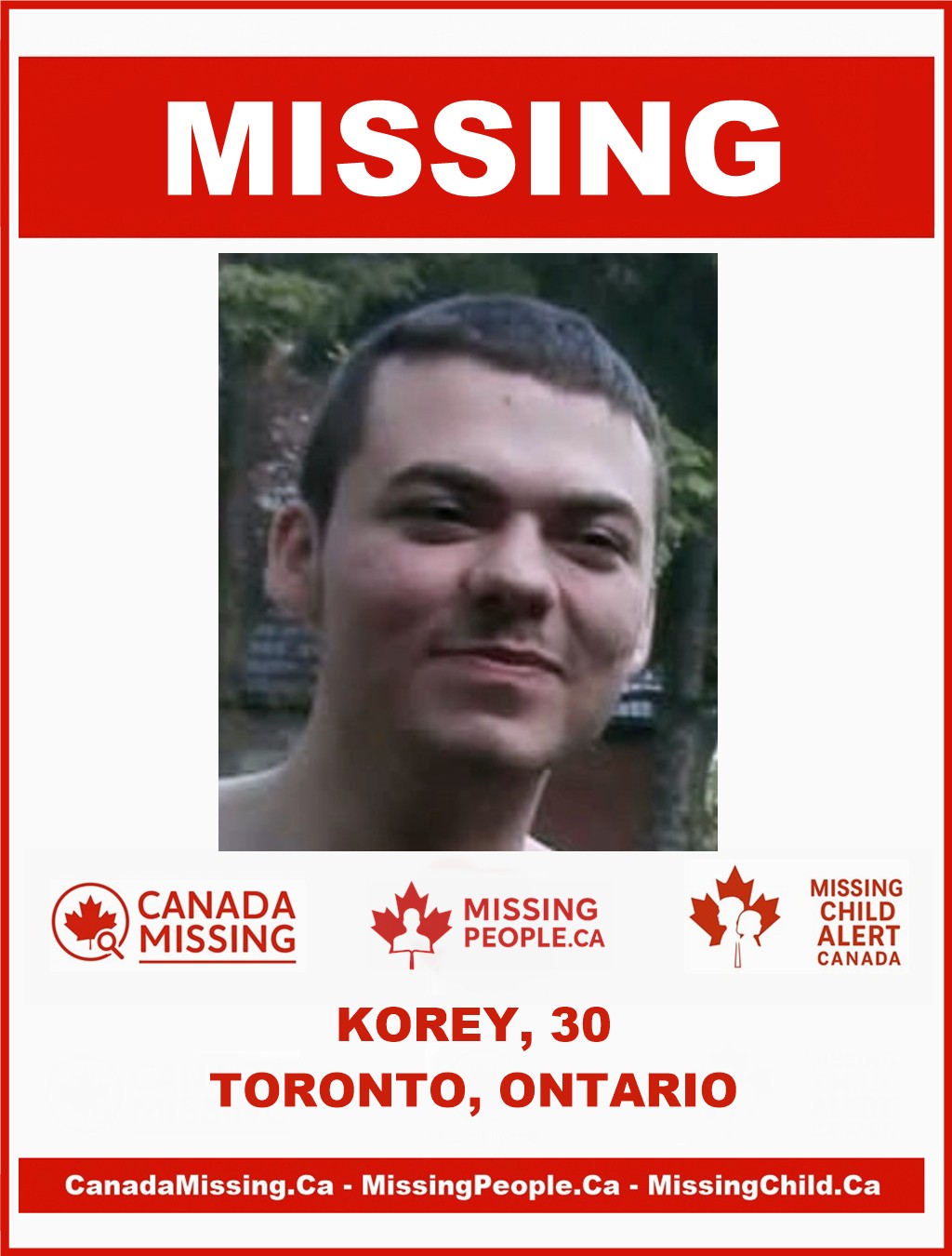 Photo of missing person Korey, 30, from Toronto, Ontario, last seen October 16, 2025.