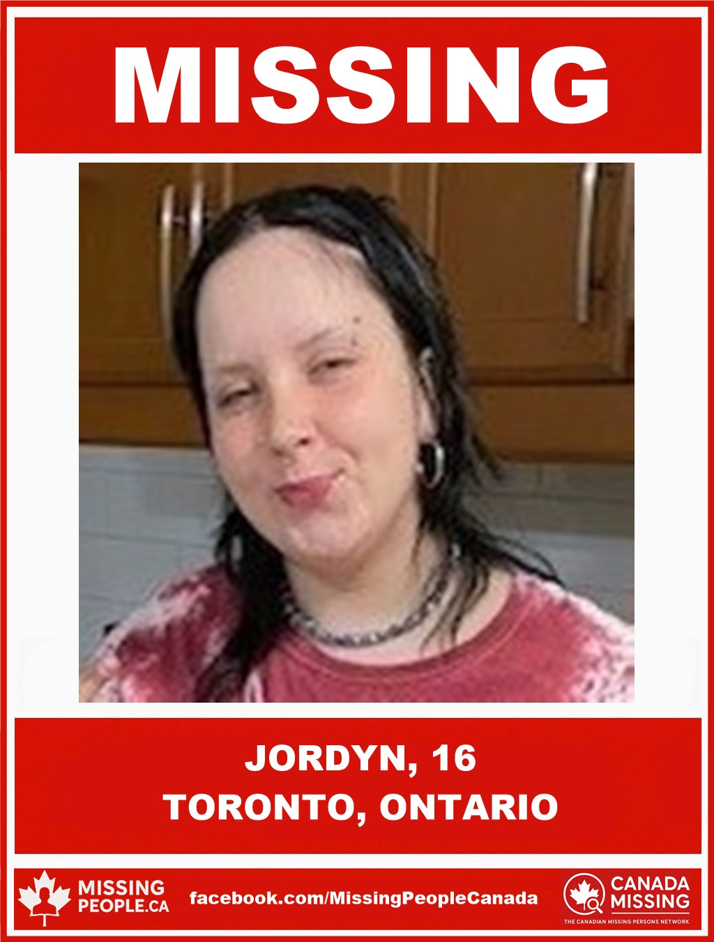 Photo of missing youth Jordyn, 16, from Toronto, Ontario, last seen October 24, 2025.