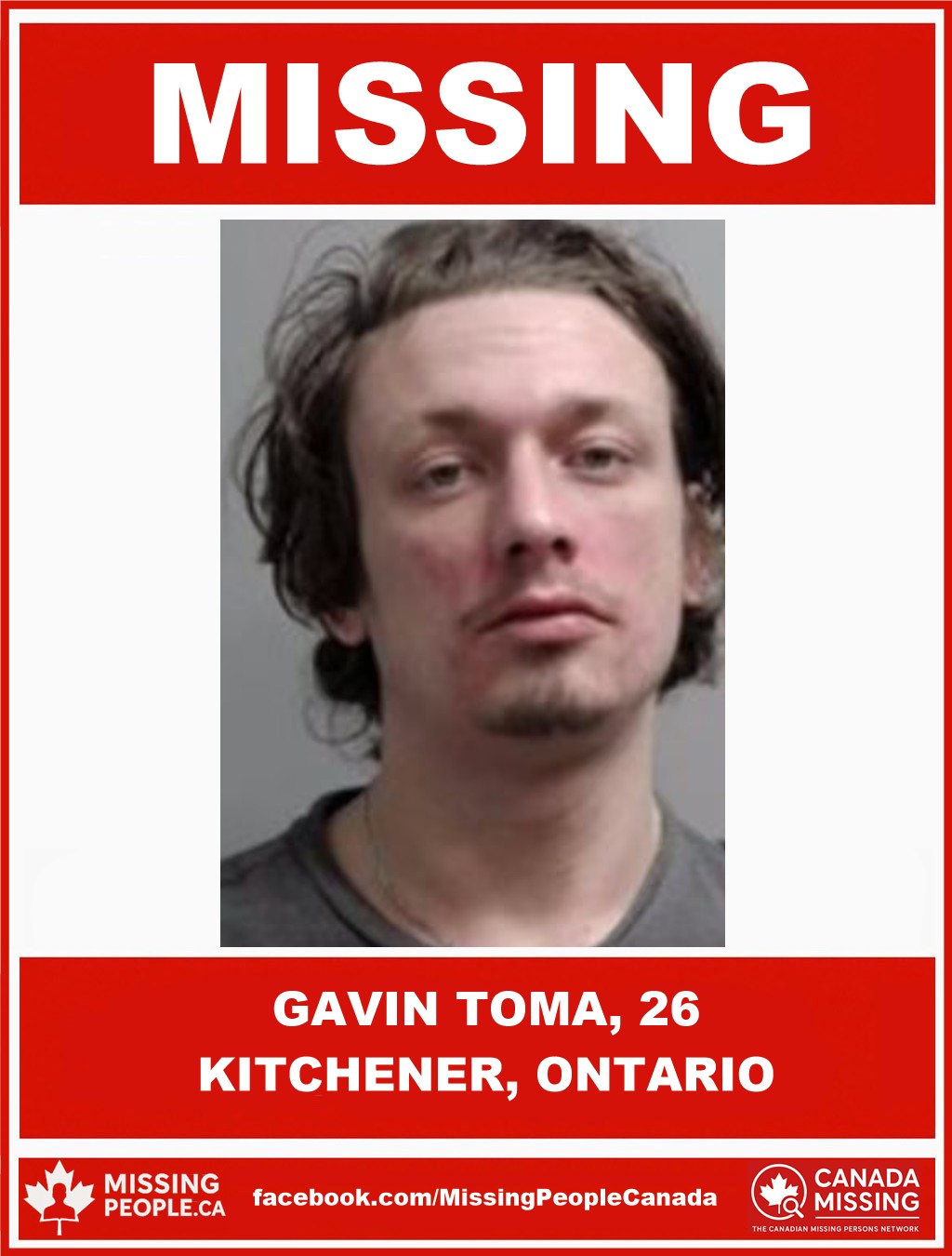 Photo of missing man Gavin Toma, age 26, from Kitchener, Ontario.