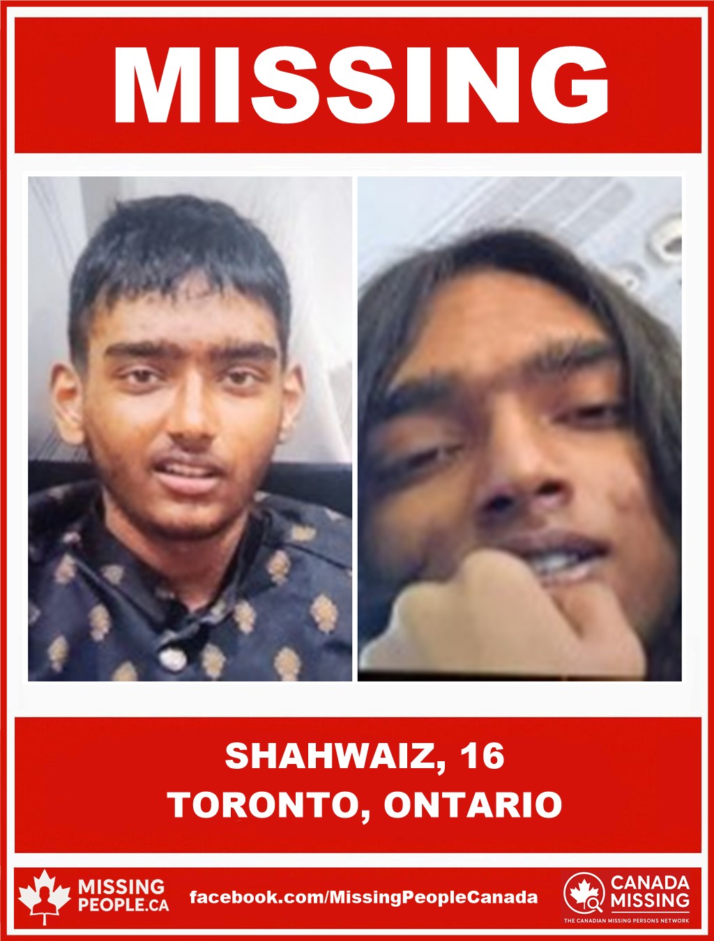 Photo of missing youth Shahwaiz, age 16, from Toronto, Ontario, last seen October 21, 2025.