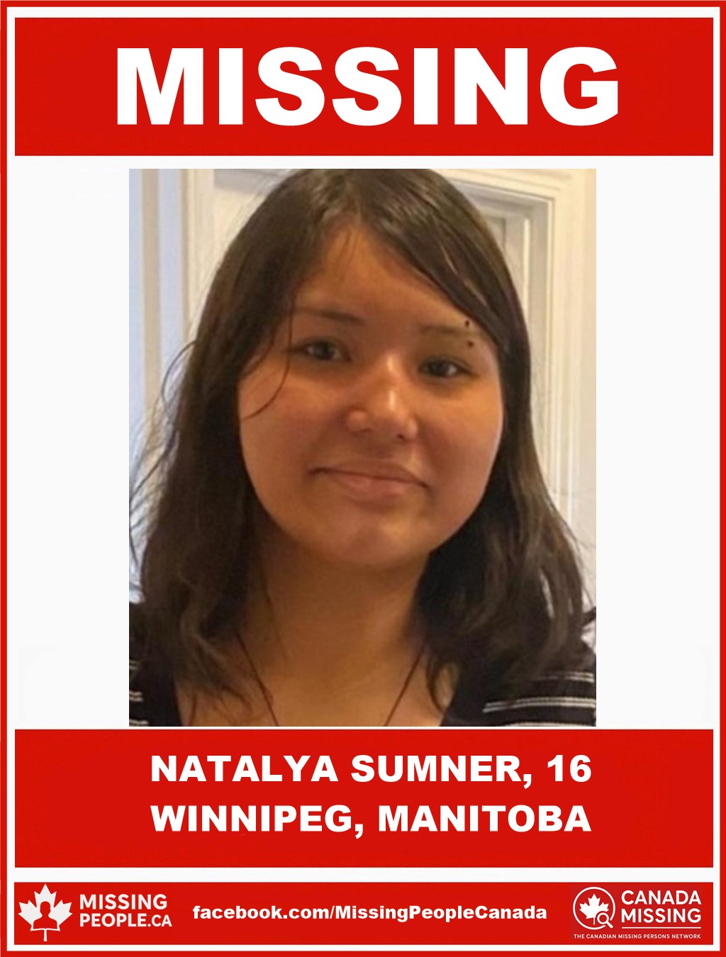 Photo of missing girl Natalya Sumner, age 16, from Winnipeg, Manitoba.