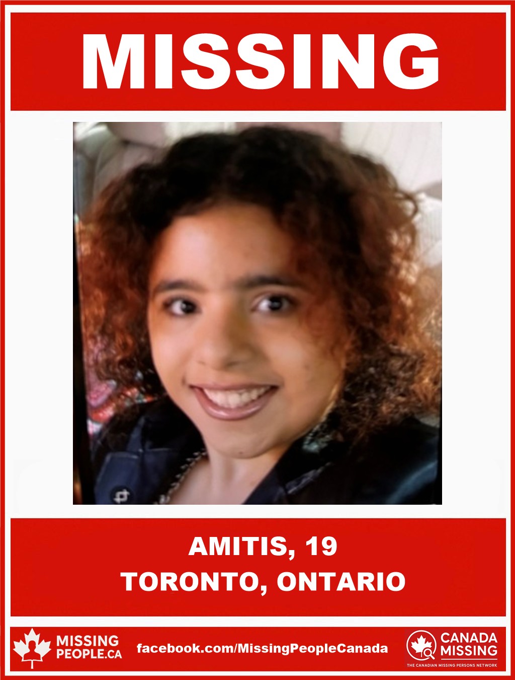 Photo of missing person Amitis, 19, from Toronto, Ontario, last seen October 28, 2025.