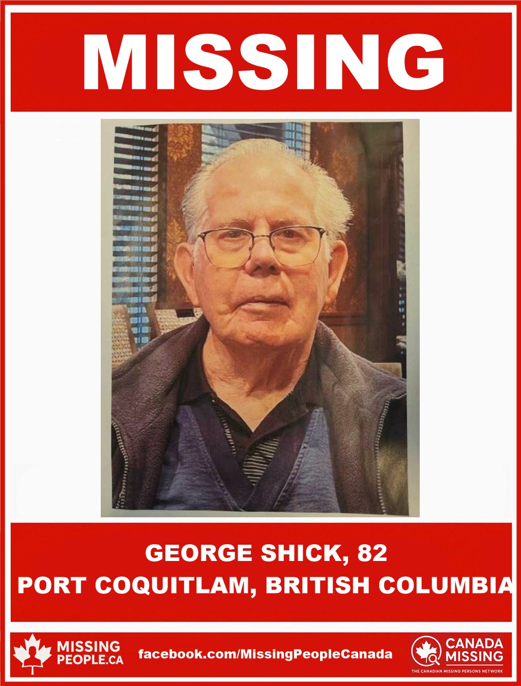 Photo of missing man George Shick, age 82, from Port Coquitlam, British Columbia.