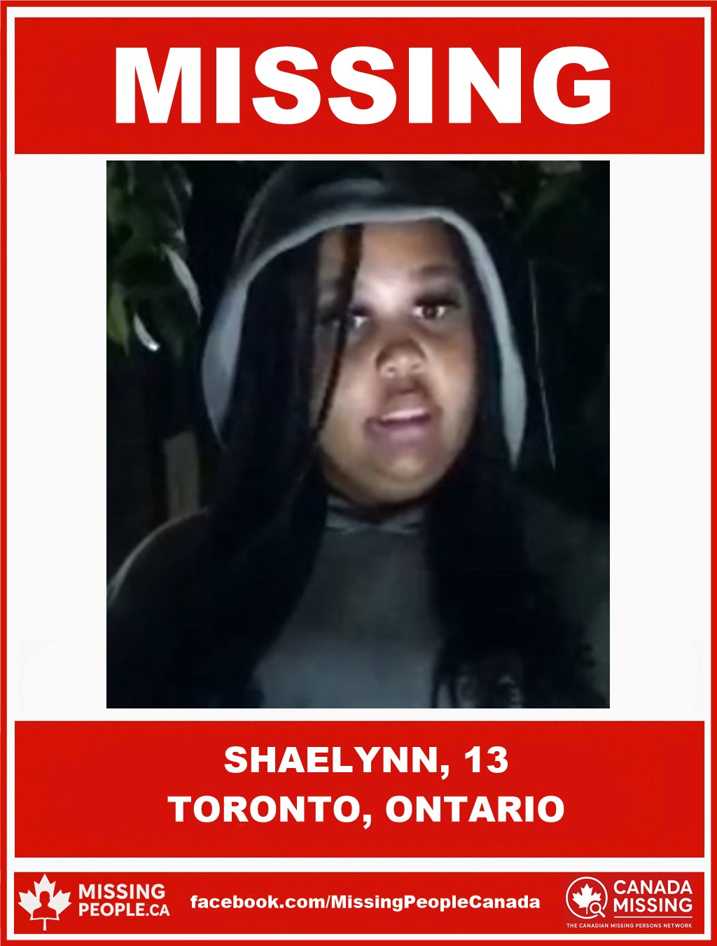 Photo of missing youth Shaelynn, 13, from Toronto, Ontario, last seen October 26, 2025.