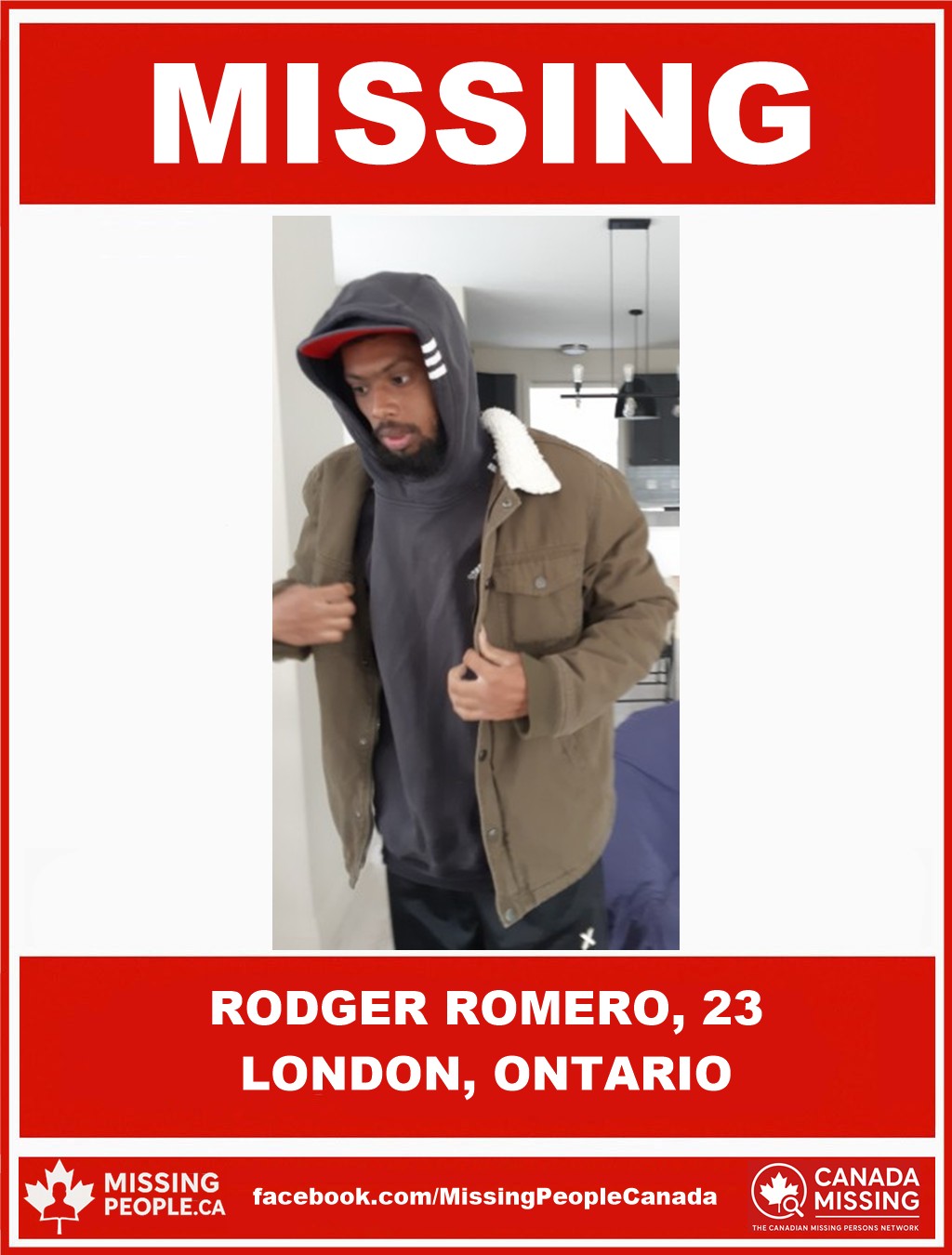 Photo of missing man Rodger Romero, 23, from London, Ontario, last seen October 26, 2025.
