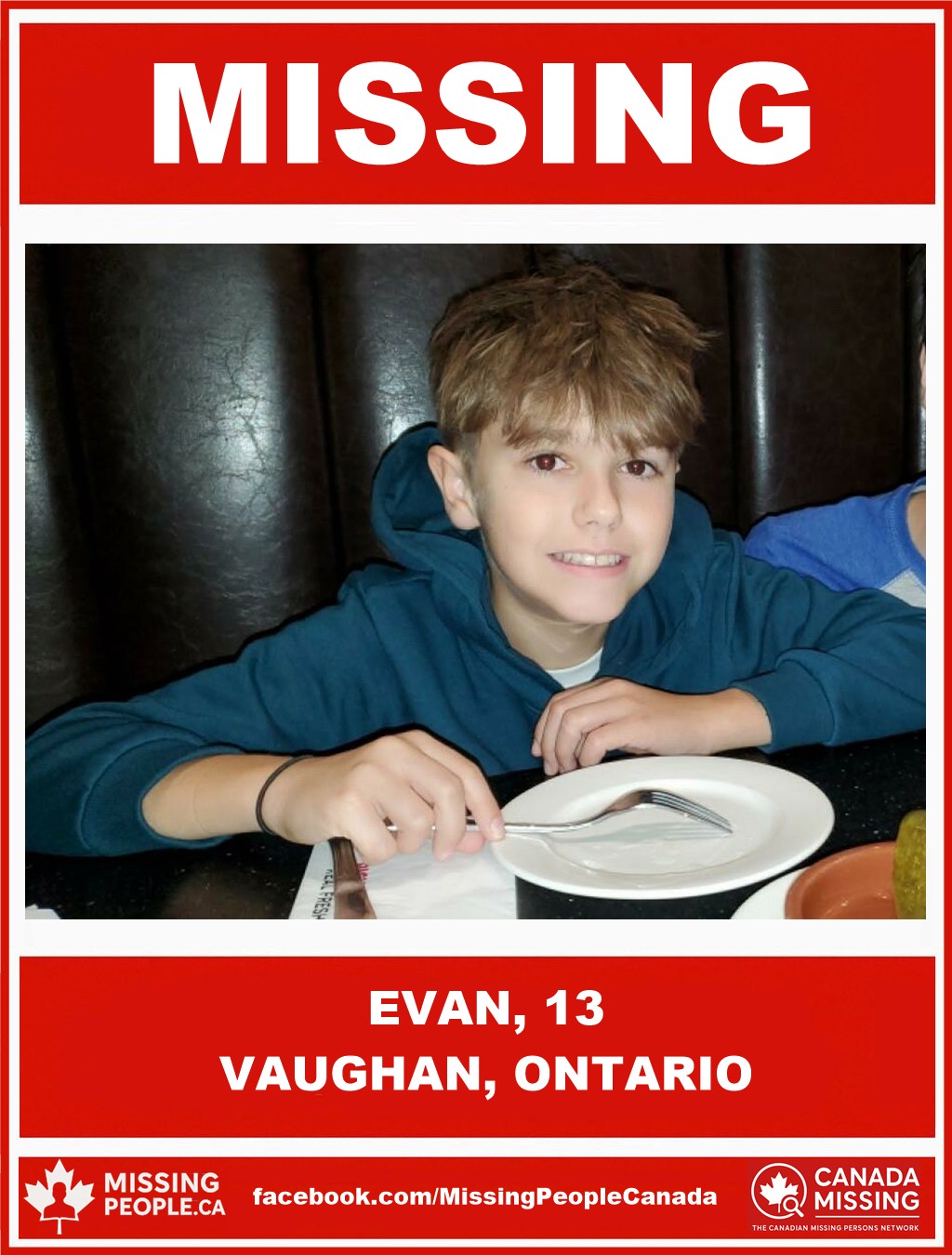 Photo of missing boy Evan, 13, from Vaughan, Ontario, last seen October 23, 2025.