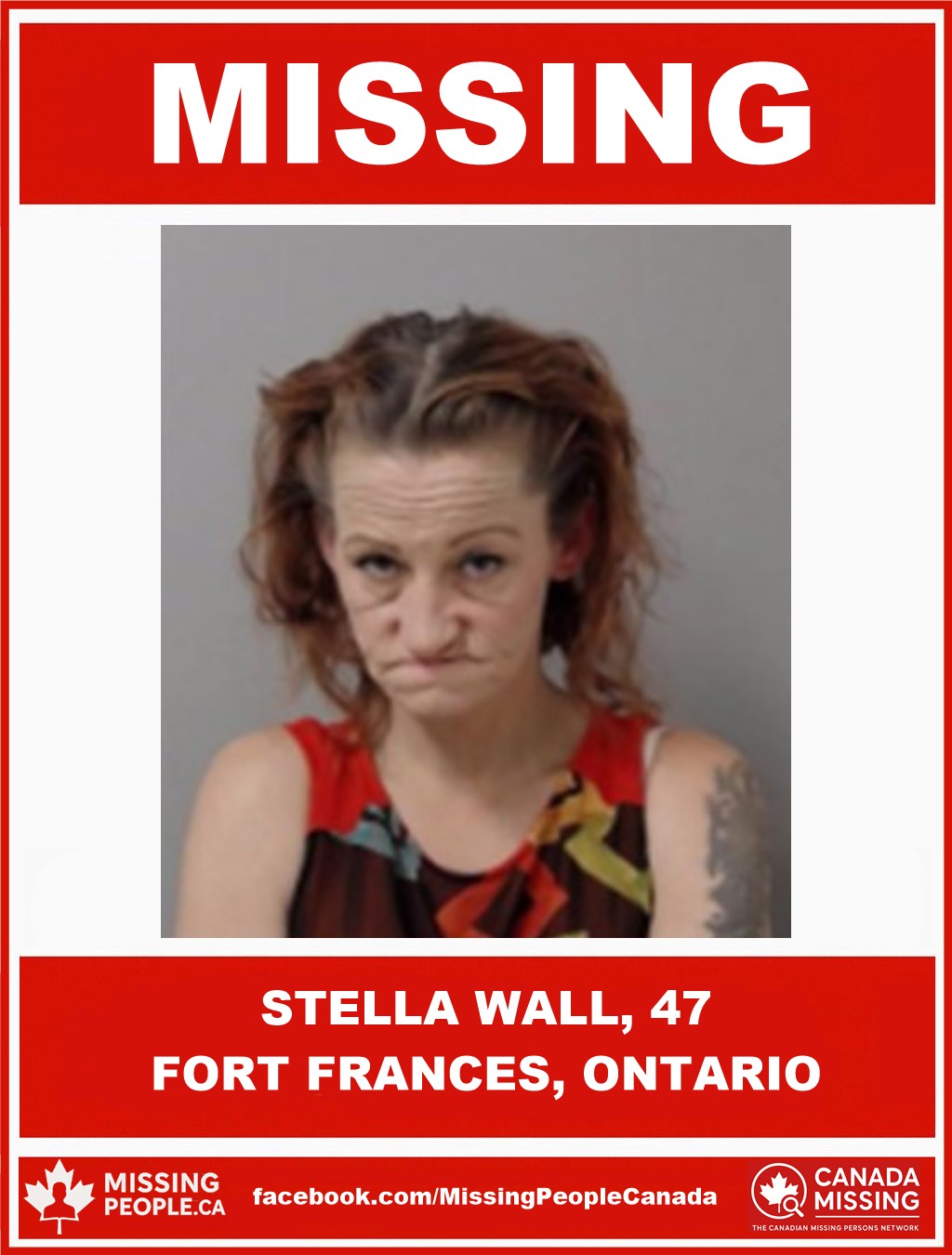 Photo of missing woman Stella Wall, 47, from Fort Frances, Ontario, last seen October 20, 2025.