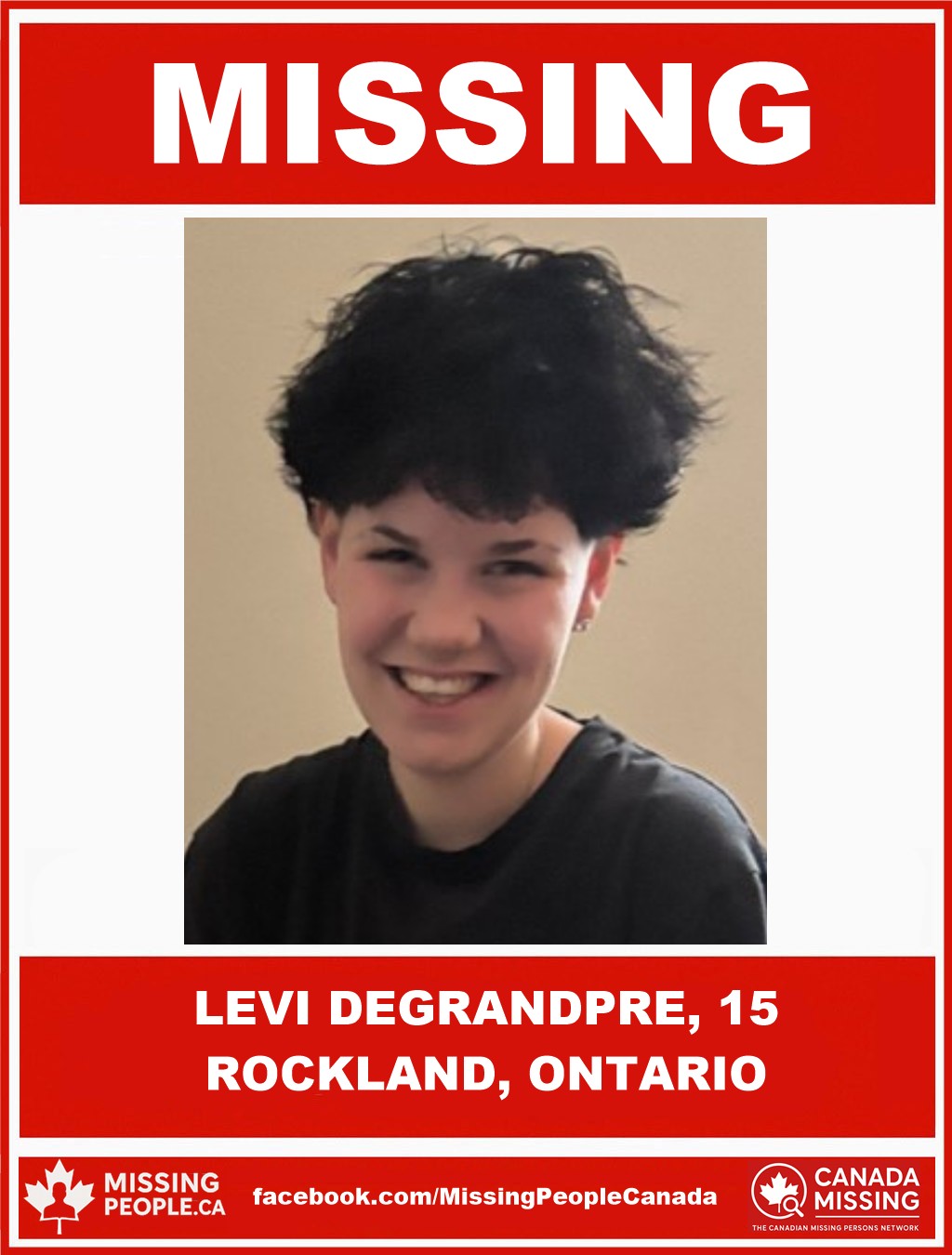 Photo of missing boy Levi Degrandpre, 15, from Rockland, Ontario, last seen October 27, 2025.